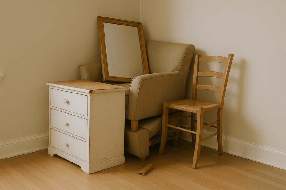 chaise et autres encombrants entassés dans un coin
