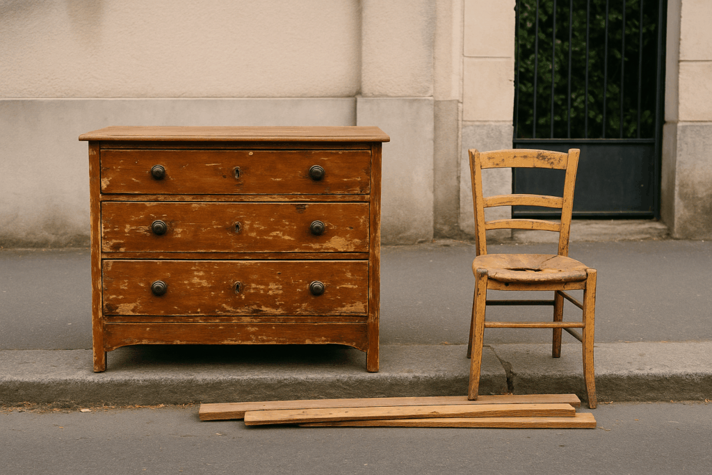 Divers encombrants dont une commode et une chaise sur le trottoir