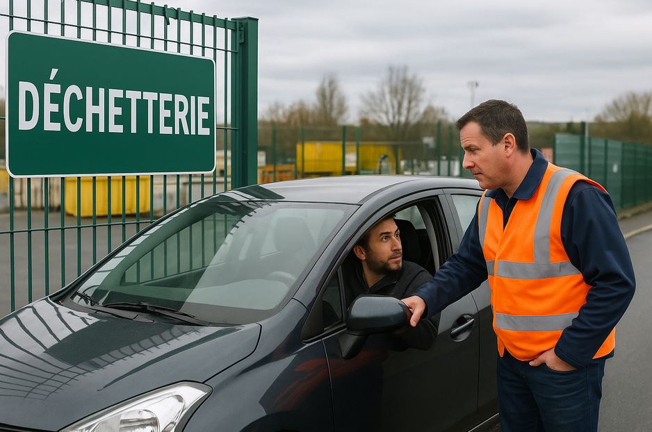 Véhicule à l'entrée d'une déchetterie dont l'occupant discute avec un agent