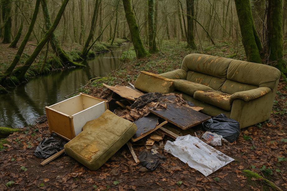 Dépôt sauvage en forêt, près d'une rivière