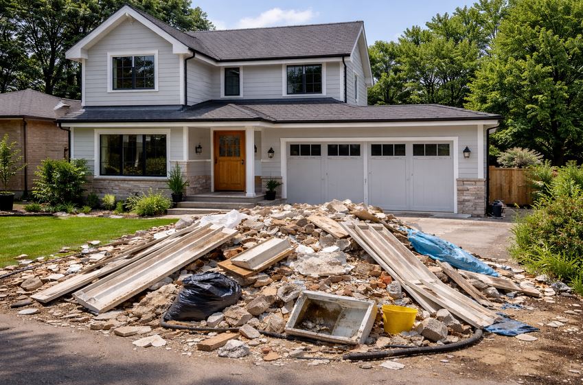 Déchets de chantier devant une maison