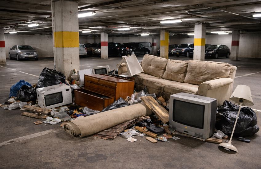 Dépôt sauvage dans le parking d'une copropriété