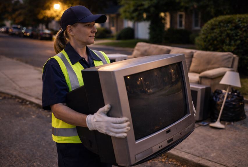 Une agente ramasse des encombrants